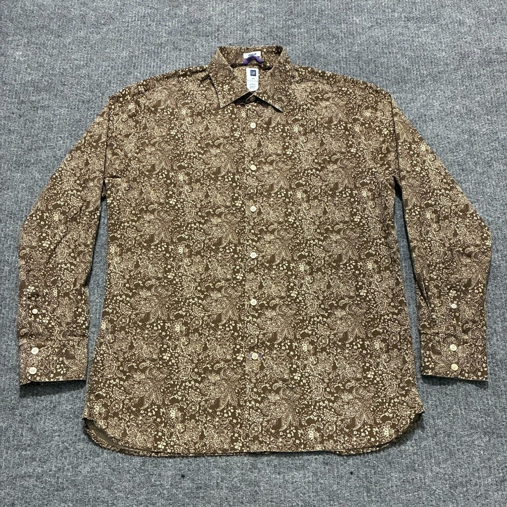 GAP Premium Mens Button Up Shirt Size Large Brown Paisley Print Long Sleeve